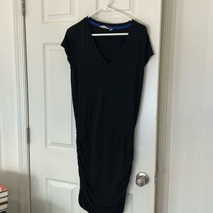 ATHLETA Topanga Black V-Neck Ruched Soft Stretchy Shirt Tee Midi Dress Size M